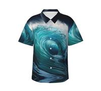 Magnifique chemise hawaïenne à manches courtes pour homme Imprimé vagues de l'océan Chemise décontractée pour la plage Tenues tropicales, Noir/blanc, XXL