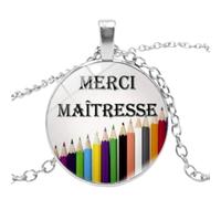 Magnifique collier en métal avec pendentif en verre Inscription Merci Maitresse, Verre