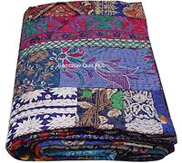 Magnifique couvre-lit réversible en soie faite à la main Sari Jari Khambhadiya Kantha pour lit simple/grand lit/king size (bleu, 228,6 x 274,3 cm)