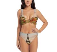 Magnifique ensemble de bikini tendance imprimé Tour Eiffel Paris pour femme Séchage rapide Plage Piscine Vacances d'été Activités aquatiques, noir, Taille S