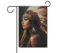 Magnifique femme indienne portant une coiffe en plumes Drapeau de jardin Maison Cour Drapeau extérieur Vacances saisonnières Drapeau double face 30,5 x 45,7 cm