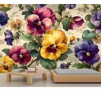 Magnifique fresque murale multicolore de pensées, motif floral de jardin, décoration joyeuse pour salle à manger ou bureau 250x195cm (Non autocollant)