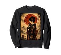 Magnifique Geisha Tenant Un Chat Noir Vintage Japonais et Une Lune Rouge Sweatshirt