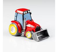Magnifique grande tirelire en forme de tracteur rouge avec pelle à fermeture rotative