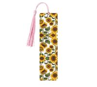 Magnifique marque-page en bois imprimé tournesol jaune avec pompon pour lecteurs et amateurs de livres - Cadeaux artistiques faits à la main pour enseignants, collègues, décoration de bureau.