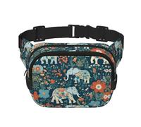 Magnifique motif de prairie avec éléphant floral dans des sacs banane pour homme et femme, sacs banane tendance pour l'entraînement, la course, les voyages, la randonnée, Noir , Taille unique