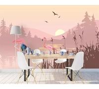 Magnifique Paysage Au Lever Du Soleil Flamants Roses Oiseaux En Vol Papier Peint 3D Installation Facile Intissé Tapisserie Bureau Salon Canapé Chambre Décoration Murale-350cm×256cm