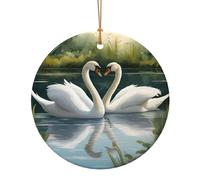 Magnifique pendentif rond en céramique imprimé cygnes blancs sur le lac pour décoration de voyage, décoration de Noël