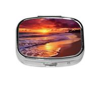 Magnifique pilulier carré à 2 compartiments en métal avec imprimé coucher de soleil sur la plage, petit pilulier de voyage portable pour poche, sac à main, mini pilulier pour contenir des vitamines