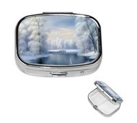 Magnifique pilulier carré d'hiver en métal à 2 compartiments - Joli pilulier de voyage portable pour médicaments et vitamines - Cadeau unique pour homme et femme