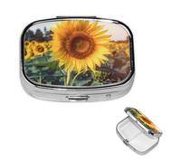 Magnifique pilulier carré en métal à 2 compartiments en forme de tournesol - Joli pilulier de voyage portable pour médicaments et vitamines - Cadeau unique pour homme et femme