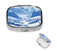 Magnifique pilulier carré en métal avec 2 compartiments - Motif montagnes enneigées - Joli étui de voyage portable pour médicaments et vitamines - Cadeau unique pour homme et femme