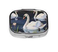 Magnifique pilulier carré imprimé cygnes blancs sur le lac avec 2 compartiments, mini pilulier portable pour médicaments, vitamines, huile de poisson, compléments