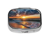 Magnifique pilulier carré imprimé lever de soleil sur la mer avec 2 compartiments, mini pilulier portable pour médicaments, vitamines, huile de poisson, compléments