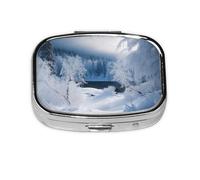 Magnifique pilulier carré imprimé paysage de neige avec 2 compartiments, mini pilulier portable pour médicaments, vitamines, huile de poisson, compléments