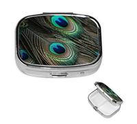 Magnifique pilulier carré portable à 2 compartiments avec plumes de paon - Organisateur de vitamines pour sac à main, poche, cadeau de voyage