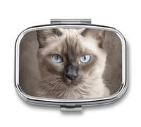 Magnifique pilulier carré portable avec 2 compartiments en forme de chat siamois - Pilulier de vitamines pour poche, sac à main et voyage