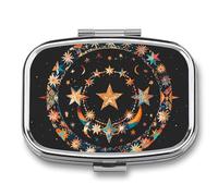 Magnifique pilulier carré portable avec 2 compartiments Motif étoiles et lune