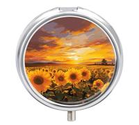 Magnifique pilulier de voyage à 3 compartiments avec miroir, motif tournesol et coucher de soleil, pilulier de voyage en métal pour sac à main et poche, petite boîte à médicaments ronde portable