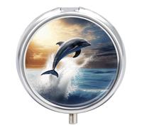 Magnifique pilulier de voyage à 3 compartiments en forme de dauphin - 3 fois par jour - Joli mini pilulier pour sac à main et poche - Boîte à médicaments portable en métal avec miroir rond - Récipient