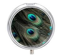 Magnifique pilulier de voyage en forme de plumes de paon à 3 compartiments - 3 fois par jour - Joli mini pilulier pour sac à main et poche - Boîte à médicaments portable en métal avec miroir rond pour