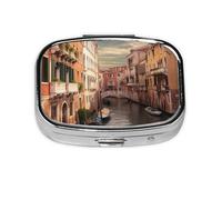 Magnifique pilulier portable en métal avec vue sur le canal de Venise - 2 compartiments - Joli pilulier de voyage - Organisateur de vitamines pour sac à main, poche, cadeau de voyage