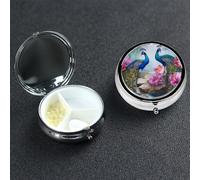 Magnifique pilulier rond à 3 compartiments en métal avec motif de paons et de lotus