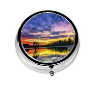 Magnifique pilulier rond à 3 compartiments - Imprimé lac crépusculaire - Pour voyage - Organiseur de vitamines - Mini pilulier (2 pièces)
