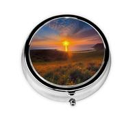 Magnifique pilulier rond imprimé lever de soleil avec 3 compartiments, mini pilulier portable pour médicaments, vitamines, huile de poisson, compléments