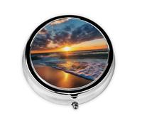 Magnifique pilulier rond imprimé lever de soleil sur la mer avec 3 compartiments, mini pilulier portable pour médicaments, vitamines, huile de poisson, compléments