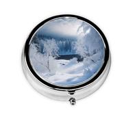 Magnifique pilulier rond imprimé paysage de neige avec 3 compartiments, mini pilulier portable pour médicaments, vitamines, huile de poisson, compléments
