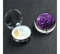 Magnifique pilulier violet à paillettes avec miroir 3 compartiments décoratifs pour sac à main ou poche, petit pilulier rond en métal hebdomadaire pour médicaments, comprimés et vitamines, cadeau de