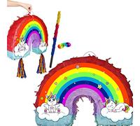 Magnifique piñata licorne arc-en-ciel avec bâton et bandeau pour les yeux