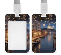 Magnifique porte-badge vertical Venise la nuit - Étanche - Avec cordon amovible durable - Pour enseignants et usines de bureau
