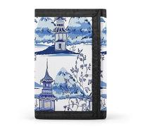 Magnifique portefeuille vintage à trois volets avec motifs de pagodes chinoises, montagnes et arbres, élé porte-monnaie avec porte-clés, porte-cartes de crédit pour factures, reçus, femmes et homm