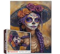 Magnifique puzzle femme mexicaine de 1 000 pièces pour adultes et étudiants Thème Jour des morts Cheveux tressés Violet Tête de mort Maquillage Tenue traditionnelle Art 50,8 x 68,6 cm Décoration
