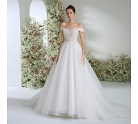Magnifique robe longue blanche en dentelle avec épaules dénudées Florence pour femmes, robe de mariée volumineuse de style trapèze extra-large pour mariage sur pelouse, réception, dîner, mariée L,M,S,