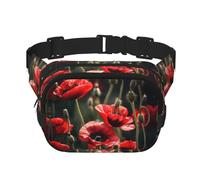 Magnifique sac banane carré imprimé fleur de coquelicot rouge avec sangle réglable Noir, noir, One Size