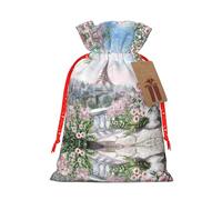 Magnifique sac de Noël imprimé Tour Eiffel Paris avec cordon de serrage, 12 x 17 cm pour emballage cadeau de fête de Noël d'anniversaire
