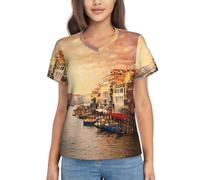 Magnifique T-shirt d'été à manches courtes et col en V pour femme avec impression Vue sur le canal de Venise - T-shirt décontracté basique pour le voyage et le travail, Noir , M
