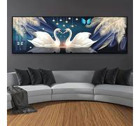 Magnifique tableau mural représentant un couple de cygnes, paysage coloré, grande œuvre d'art pour chambre, salon, couloir, décoration, 50 x 150 cm, cadre noir