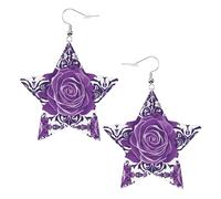 Magnifiques boucles d'oreilles en cuir avec imprimé roses violettes en forme d'étoile, accessoires légers et élégants pour les fêtes, les danses et la vie quotidienne.