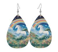 Magnifiques boucles d'oreilles en cuir imprimé licornes avec design pendantes en forme de larme, légères et douces.