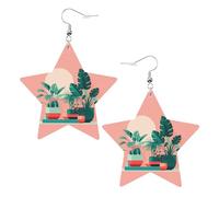 Magnifiques boucles d'oreilles en forme d'étoile en cuir avec imprimé plantes vertes en pot, accessoires légers et élégants pour les fêtes, les danses et la vie quotidienne.