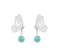 Magnifiques boucles d'oreilles pendantes en argent sterling 925 avec turquoise bleue naturelle et papillon, 8mm, Argent sterling, Turquoise