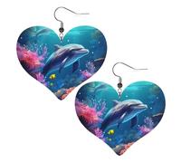 Magnifiques boucles d'oreilles pendantes en forme de cœur en cuir avec image de dauphins du monde sous-marin - Élégantes et légères - Pour femmes et filles - Taille unique - Cuir, sans pierre