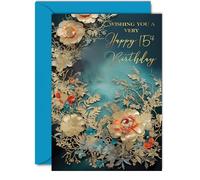 Magnifiques cartes d'anniversaire dorées pour 15e anniversaire pour filles et garçons - Magnifiques fleurs dorées - Jolie carte d'anniversaire traditionnelle élégante pour fille de 15 ans, garçon,