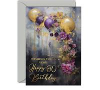 Magnifiques cartes d'anniversaire dorées pour 80e anniversaire pour homme et femme - Ballons dorés - Jolie carte d'anniversaire traditionnelle élégante pour femme de 80 ans, homme, elle, lui, 12,7 x