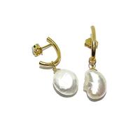 Magnifiques et élégantes boucles d'oreilles demi-crochet en or jaune 18 carats avec 2 perles de culture de style baroque de 10 mm, fermeture pression ; 3,20 cm de long, Or 18 carats, Perle