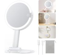 Magnifying Travel Makeup Mirror with Light 10X 1X Magnifition 2-Sided Lighted Vanity Mirror Rechargeable 3 in 1 Hand Held Desk Han